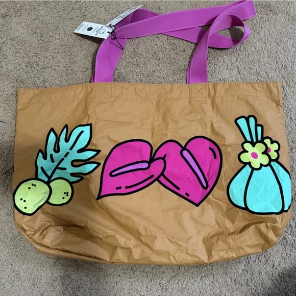 Hello Kitty Tan Tote with Pink Straps and Purple Shell Accents - Picture 2 of 4